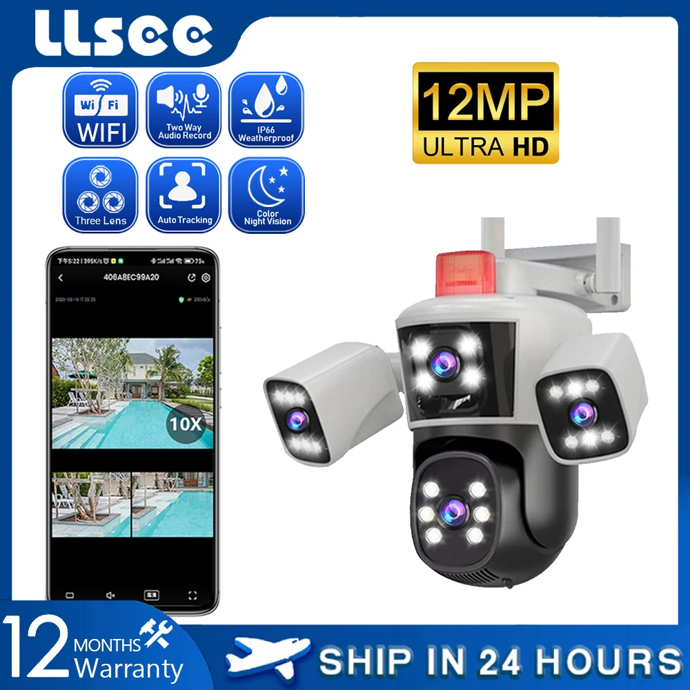 

LLSEE WiFi surveillance camera, 12MP, 10x zoom, 6K, 4 lenses, CCTV outdoor WiFi camera, IP camera, PTZ security protection