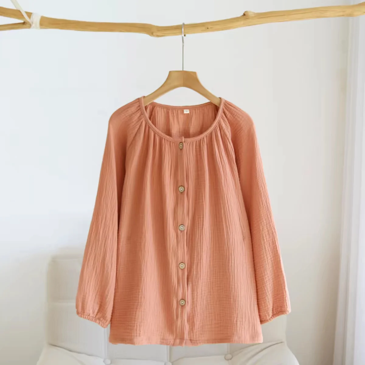 Casual Loose Long Sleeved Top Double-layer Cotton Sleepwear Soft Comfortable Women's Blouses Solid Color Basic Tops