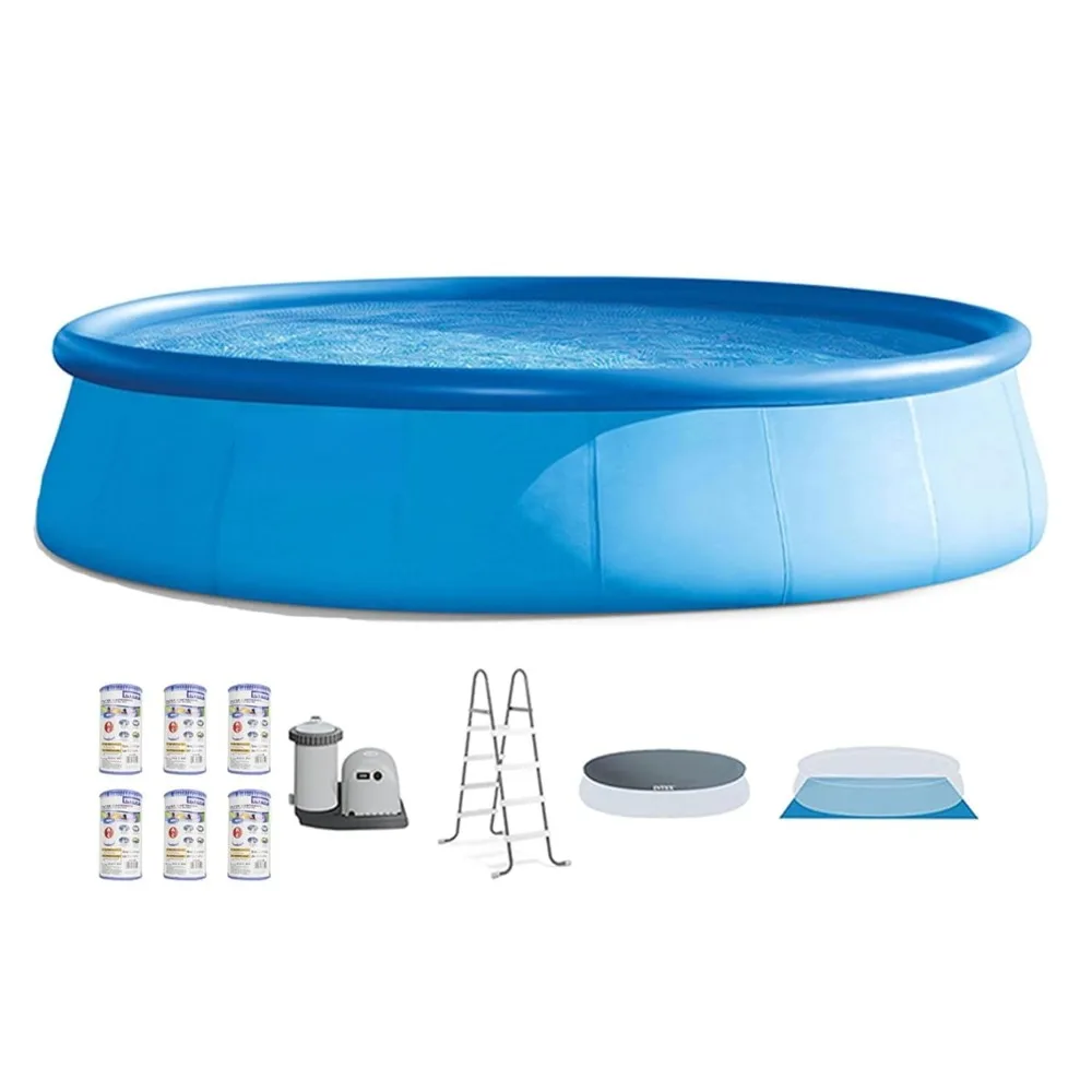 

Easy Set 18' x 48" Round Inflatable Above Ground Swimming Pool Set with Filter Pump, Ladder, Pool Cover, and Filter, Customized