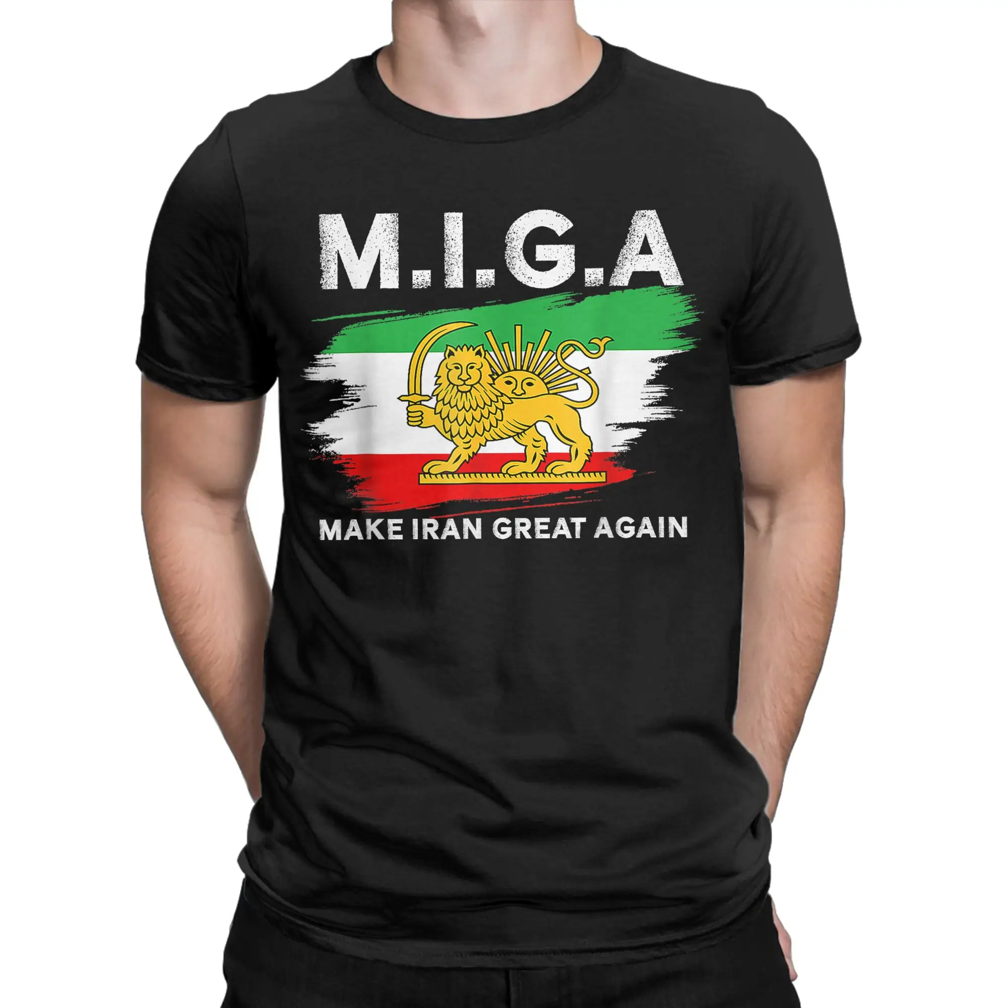 Make Iran Great Again Emblem Of Iran MIGA T-Shirt for Men Casual Pure Cotton Tee Shirt Crew Neck Short Sleeve T Shirts Gift Tops