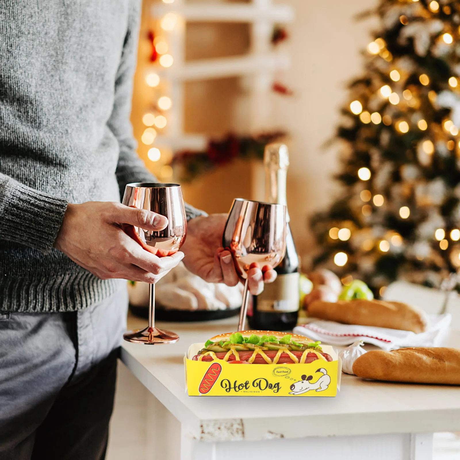 

50Pcs Hot Dog Box Sturdy Paper Food Serving Tray Foldable Stackable Waterproof Coating for Parties Picnics Festivals Snacks Fast