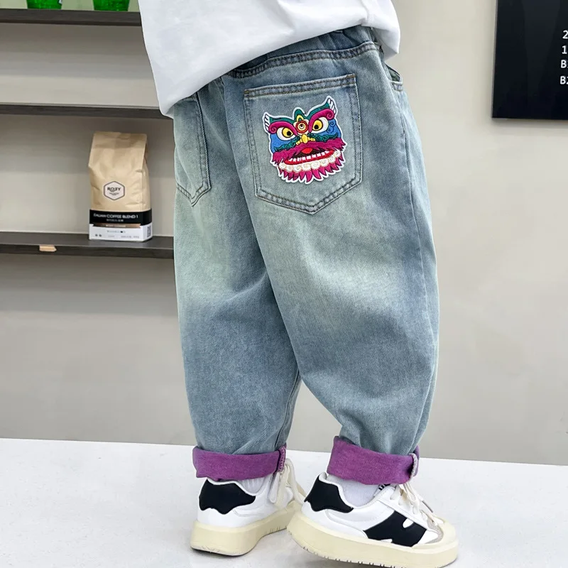 

Spring Autumn Children's Jeans Boys Denim Pants Trousers Girl Jeans Lion's Head Embroidery Children Loose Jeans 2-10 Years