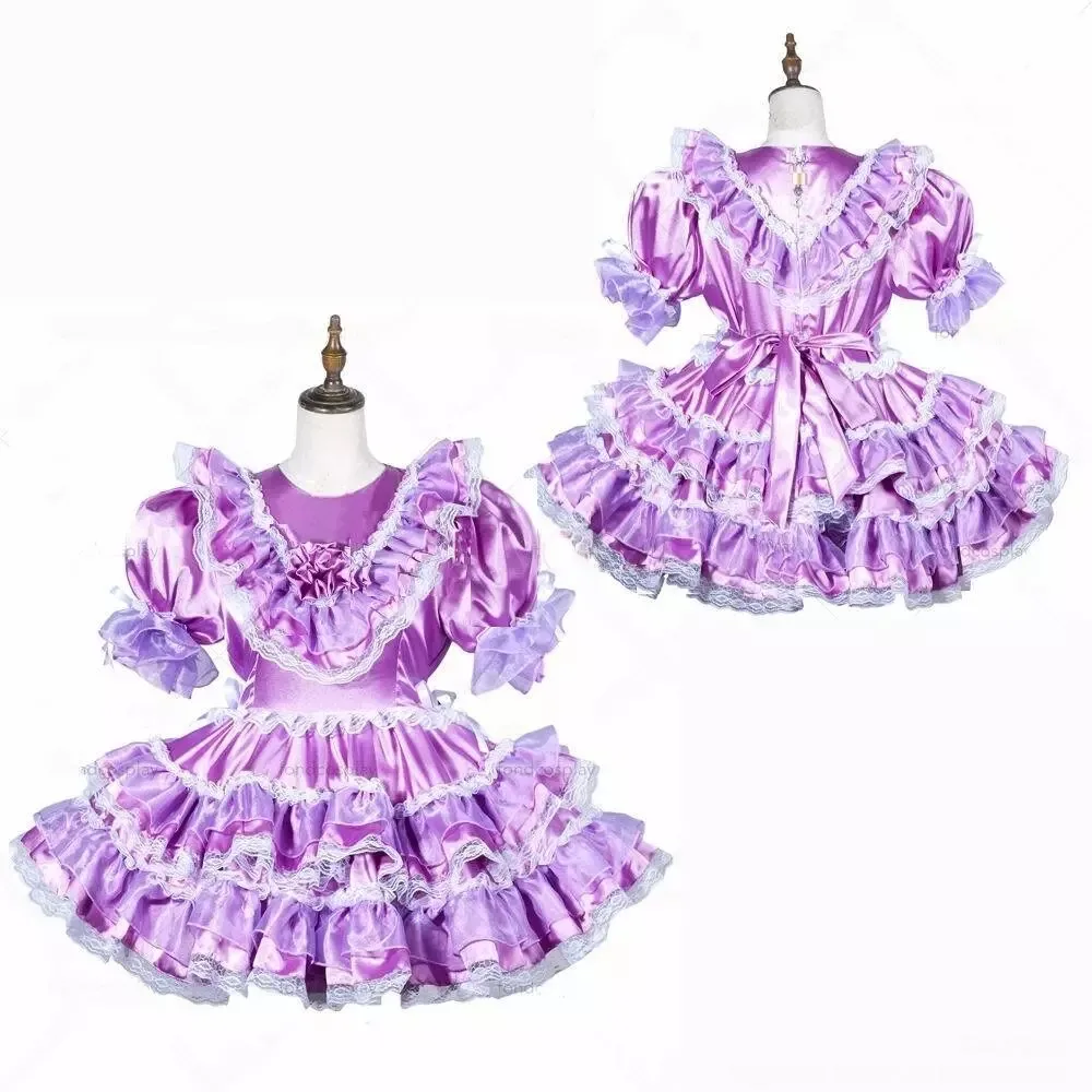 

Sexy sissy French maid noble purple satin lockable multi-layer ruffled dress maid cosplay costume customizable
