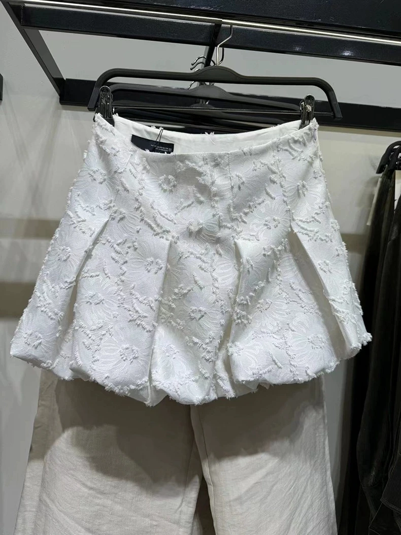 春夏新作 スイートプリーツ装飾 パフヘム ハイウエスト 刺繍入り ランタンスカート オルト丈 その他素材 00%