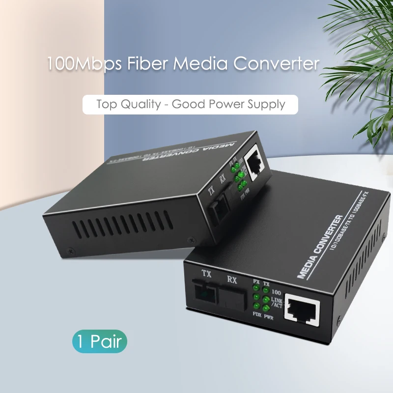 A Pair 100Mbps Optical Fiber Media Converter Ethernet Converter 25km SC 10/100M Singlemode Single Fiber External Power Supply