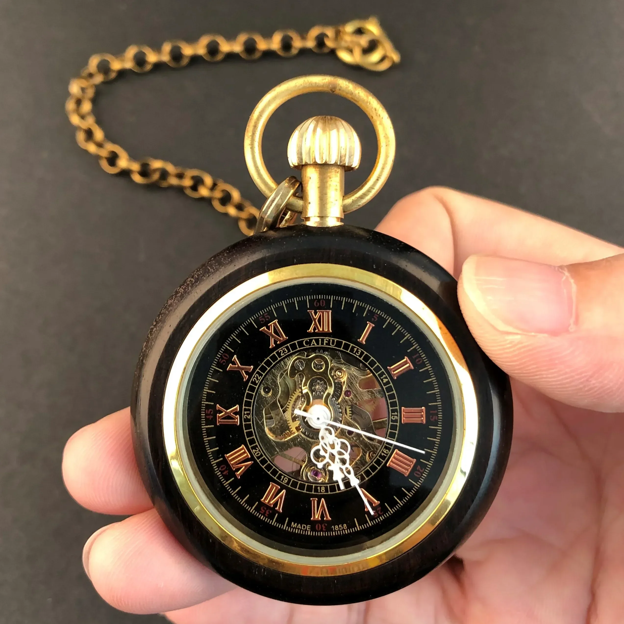 Роскошные механические карманные часы из черного дерева, женские и мужские повседневные модные часы с ручным заводом и цепочкой