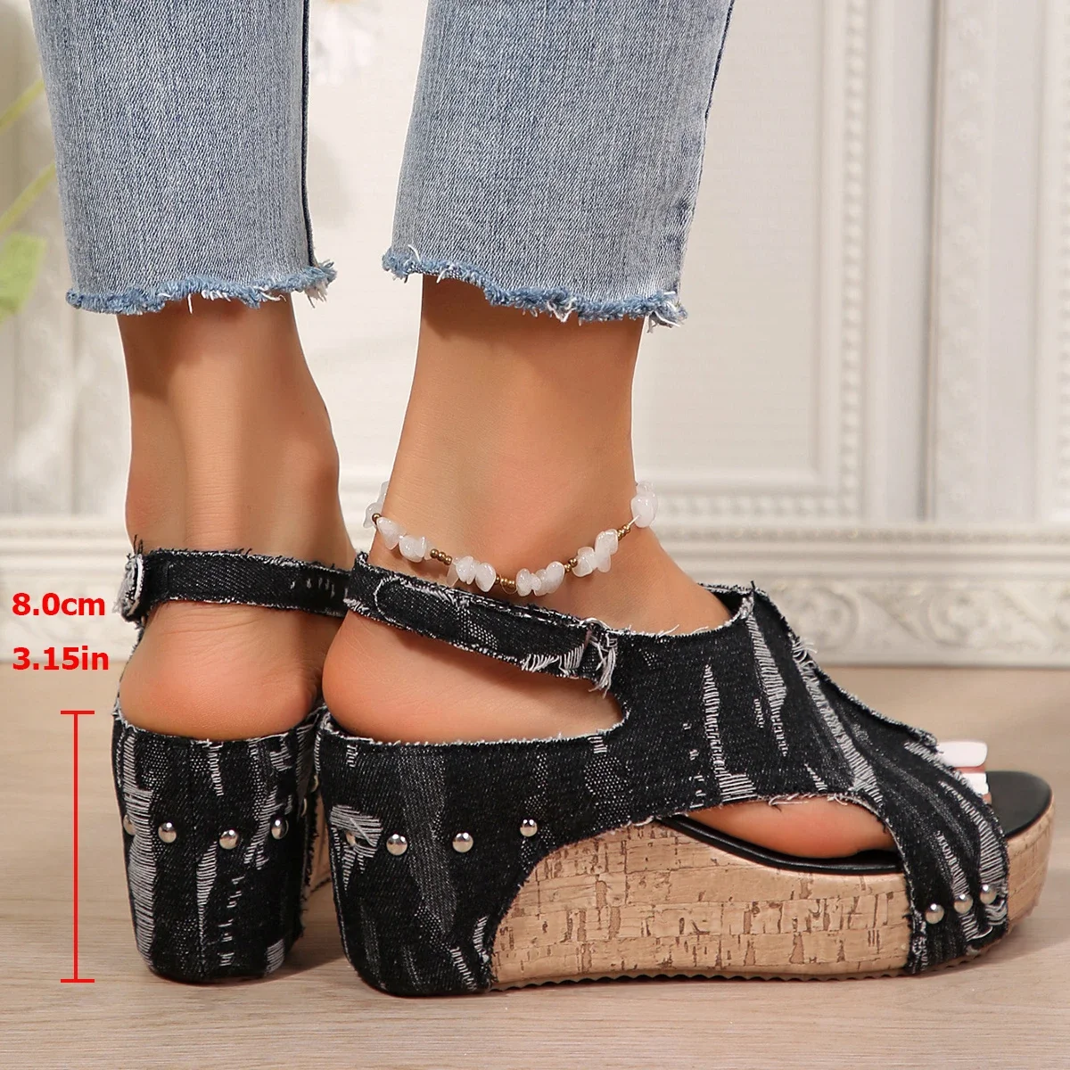 Summer Women\'s Platform Wedges Sandals Retro Peep Toe Denim Women\'s High Heel Sandals Outdoor Casual Platform Shoes for Women