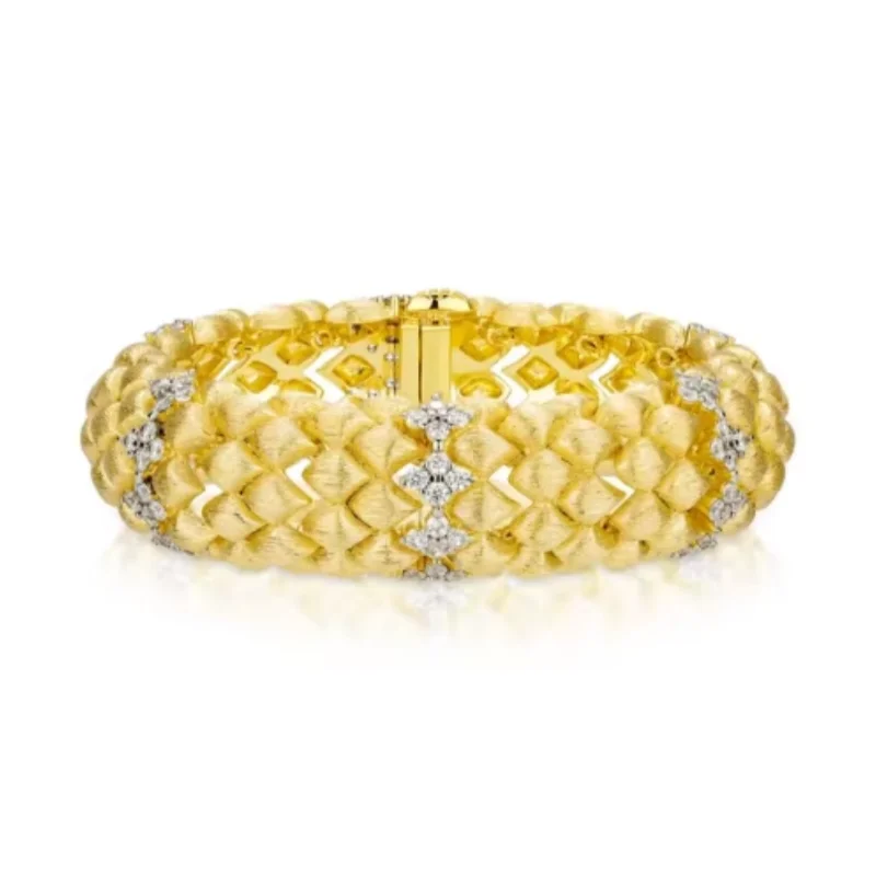 Cameo Italy Brushed Gold Plated Wide Bangle Bracelet Textured Woven Design Cubic Zirconia Inlaid Cuff Bracelet Vintage Jewelry