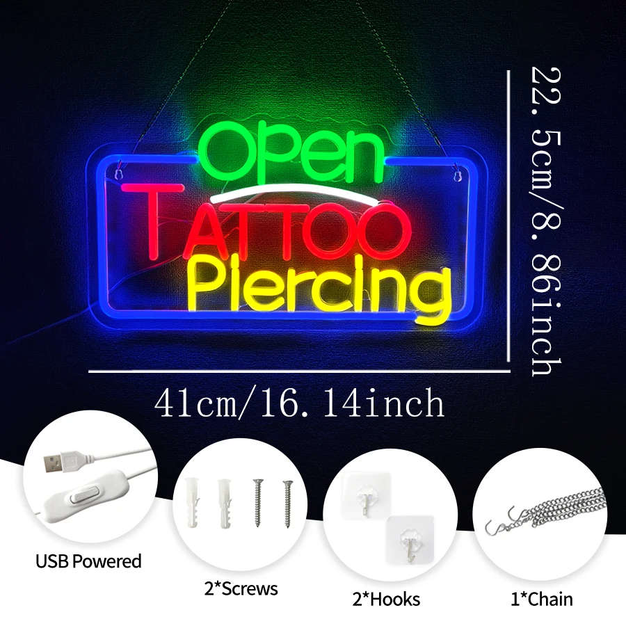 Open Tattoo Piercing Neon Sign, LED Business Neon Light USB Powered Wall Window Sign for Tattoo Shop, Tattoo Parlor Decor
