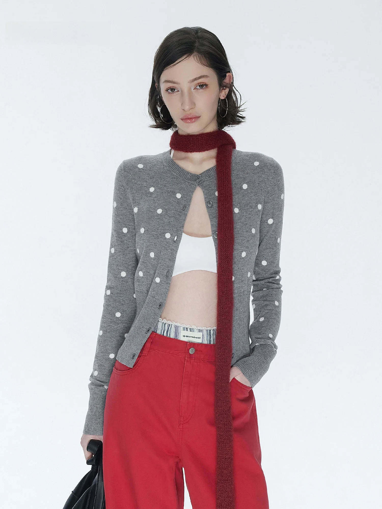 

Fashionable Retro Polka Dot Knitted Open Cardigan Inner Shirt Sweater Top Coat Spring Early Annachic Polyester Rayon Nylon