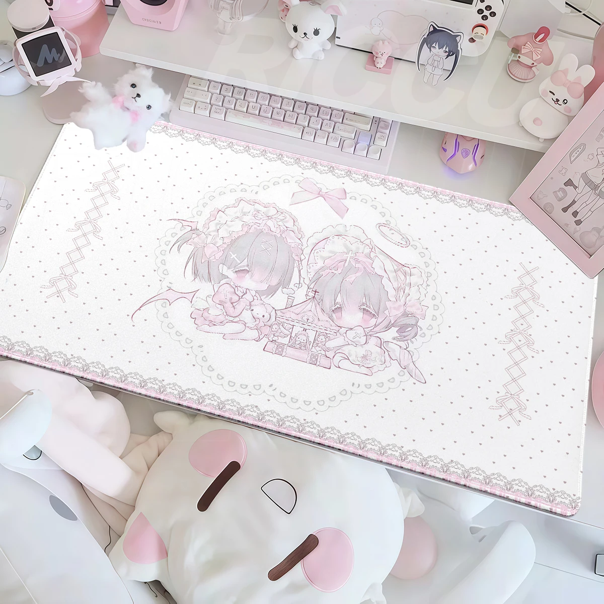 Cute Anime Girls Pink Mouse Pad Angel Girl Bow Kawaii PC Desk Mat HD Printing Gaming Keyboard Tablemat Table Decort Accessories