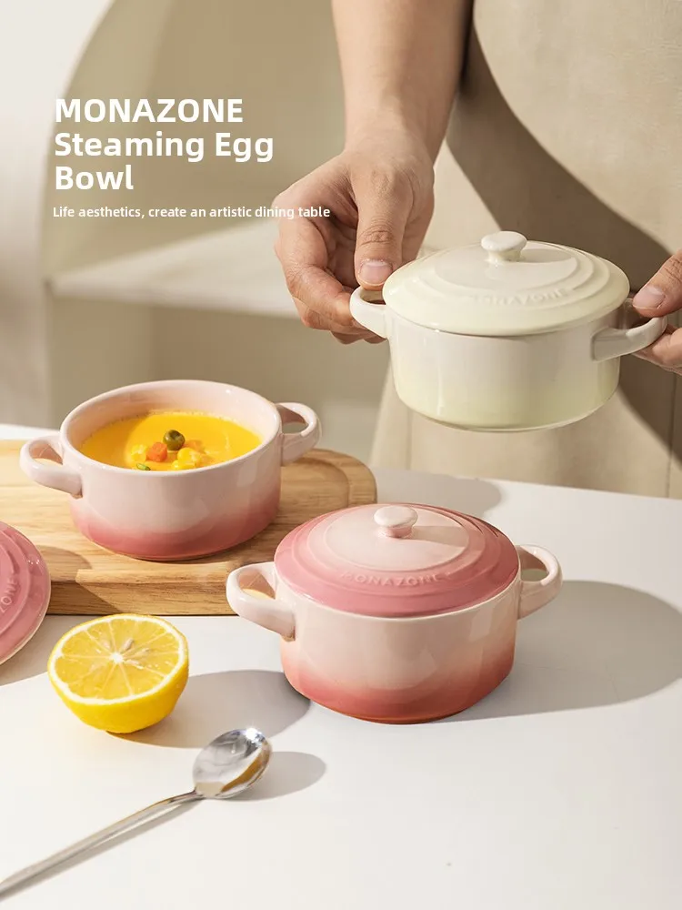 

Modern Housewife MONAZONE Ceramic Steamed Egg Soup Bowl with Lid Double Eared Soup Bowl for Steamed Egg Pudding
