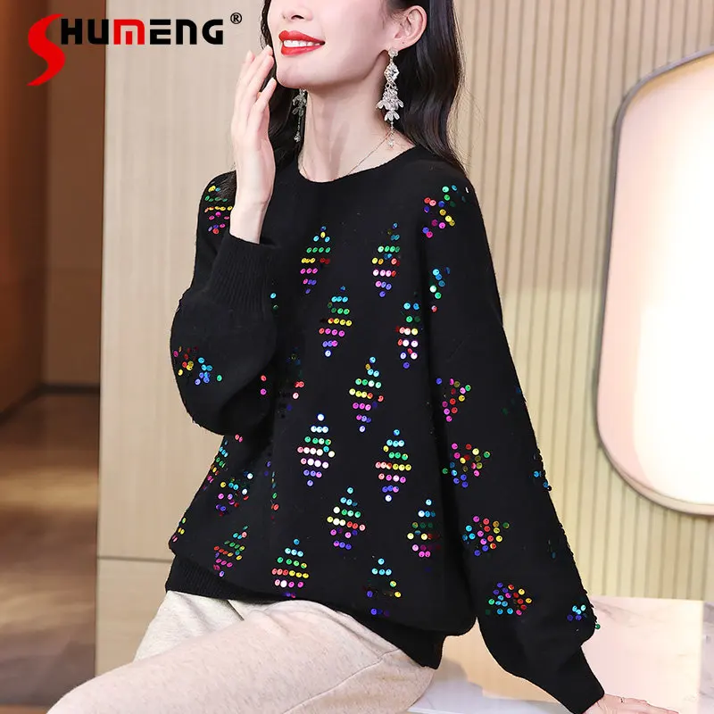 

Cashmere Sweater for Women 2023 Autumn Winter New European Goods Elegant Handmade Sequin Idle Style Bottoming Woolen Sweater