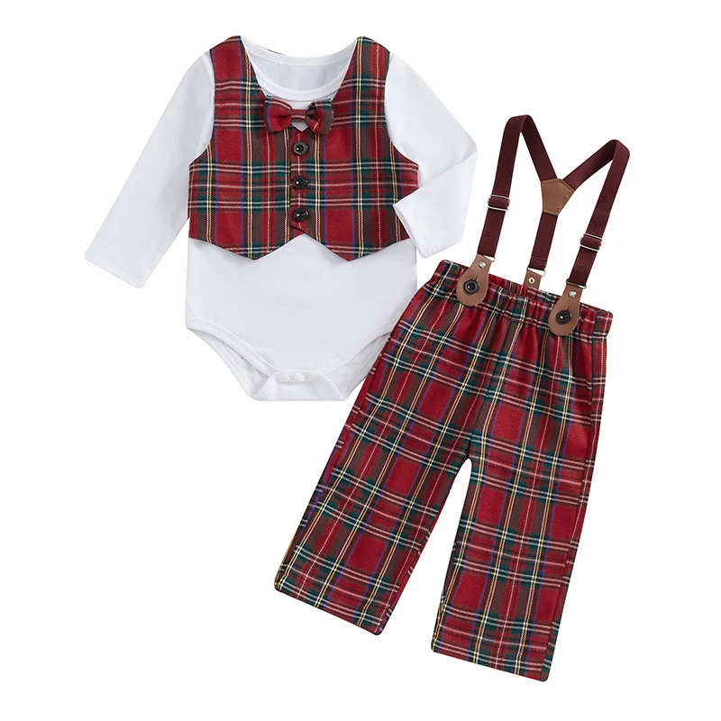 Baby Boy Christmas Outfit Long Sleeve Romper with Plaid Overall Pants and Vest Infant Outfit