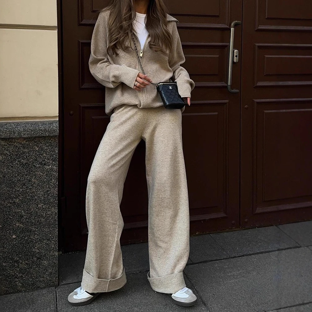 

2025 Women's Zip Up Knit Set Cardigan with Wide Leg Pants Two Piece Lounge Outfit Co-ord