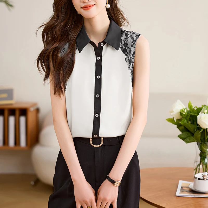 

2025 High-end Satin Shirt Collar Women's Sleeveless Chic Lace Tops