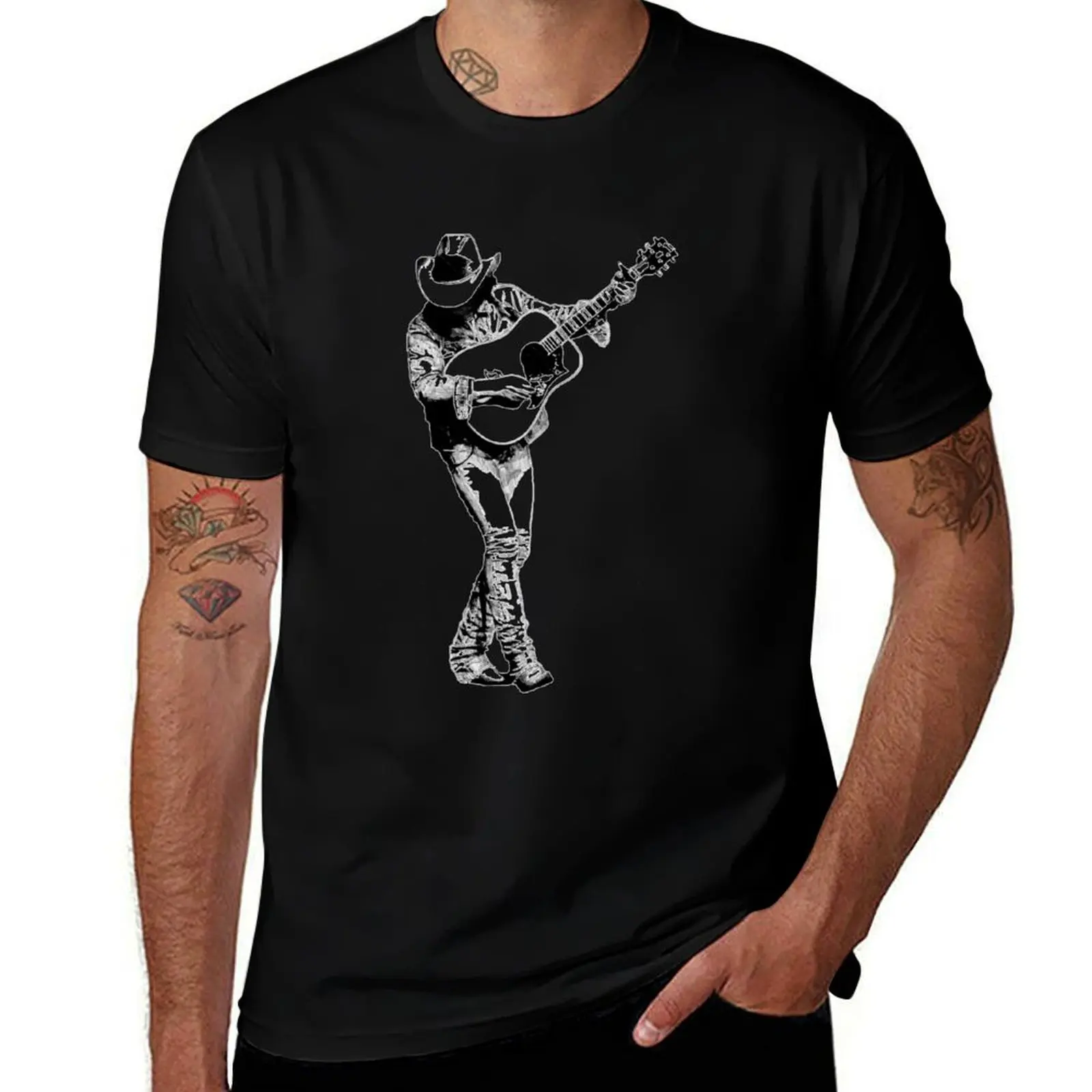 Black-art-Dwight-Yoakam-playing-guitar-T-Shirt-- T-Shirt Basic Regular Fit Casual T-Shirt
