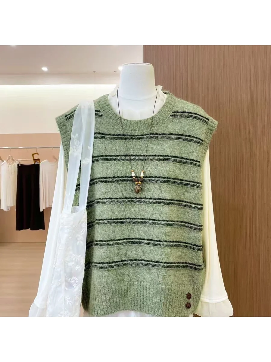 Retro Striped round Neck Sleeveless Knitted Vest Women's Fashion Layering Slimming Sweater Tank Top Trendy Base Shirt