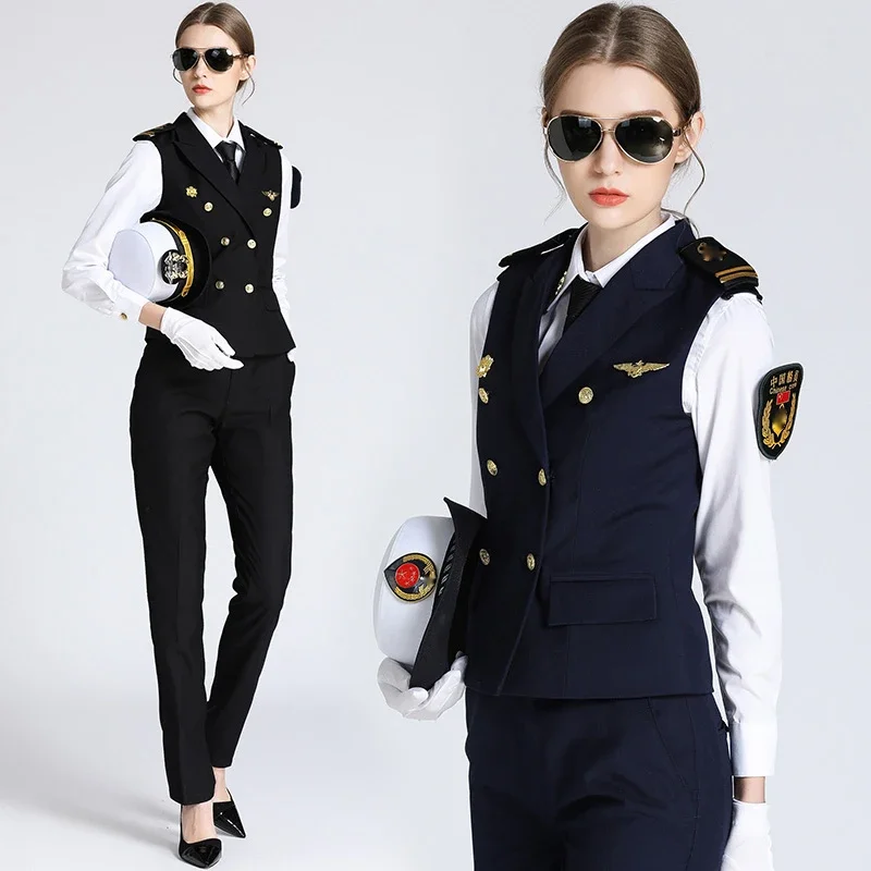 Woman Captain Shoulder Seal Standard Uniform cosplay KTV Bar vest + Shirt + Pants Servant Workwear Chinese Navy Seawoman Uniform