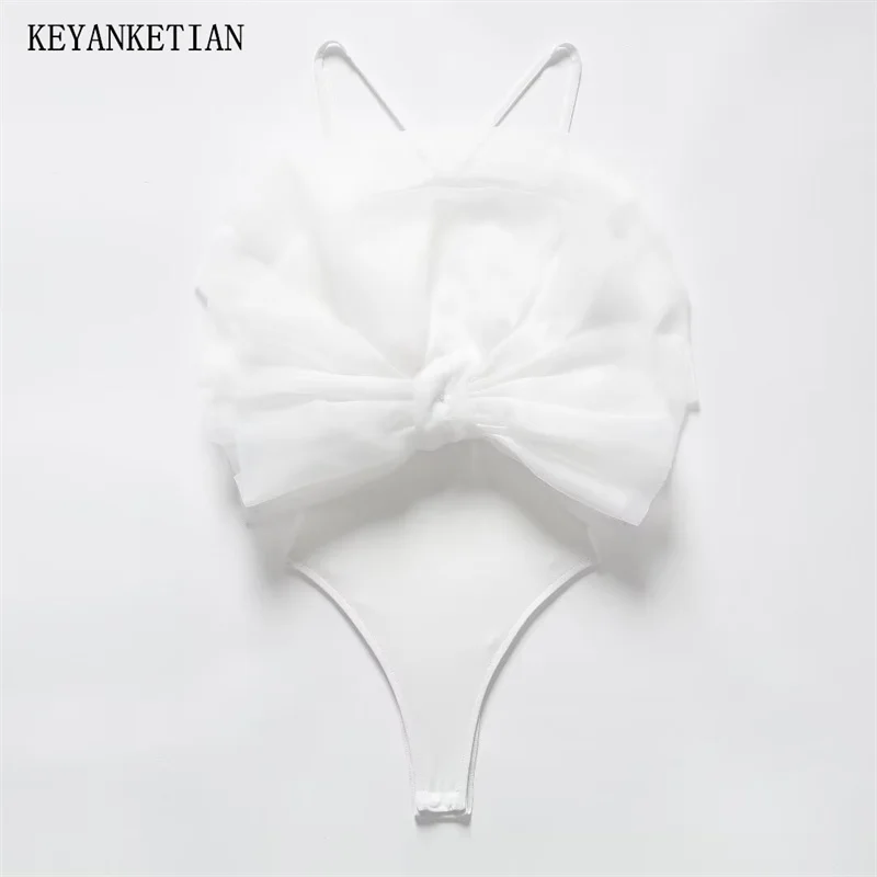 KEYANKETIAN 2024 New Launch Women's Organza Bow Applique Decoration Spaghetti Strap Bodysuits Hot Sweet Chic Camisole Vest Top