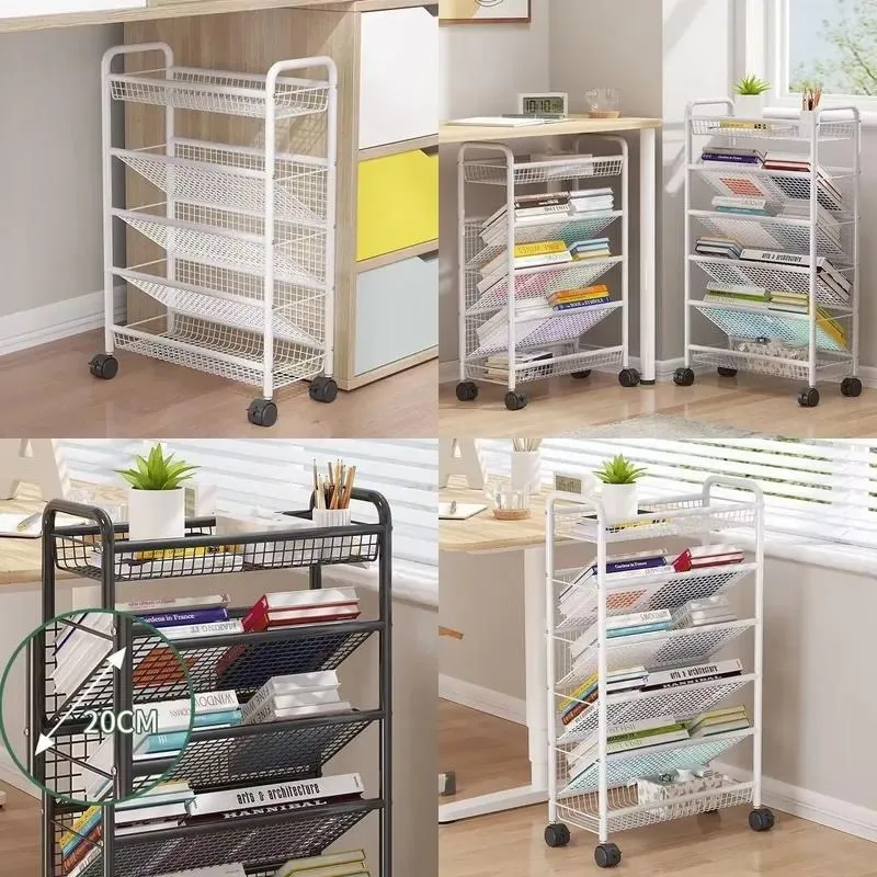 Carbon Steel Oblique Mesh Rolling Storage Cart Multi Layer Mobile Magazine Book File Organizer with Wheels