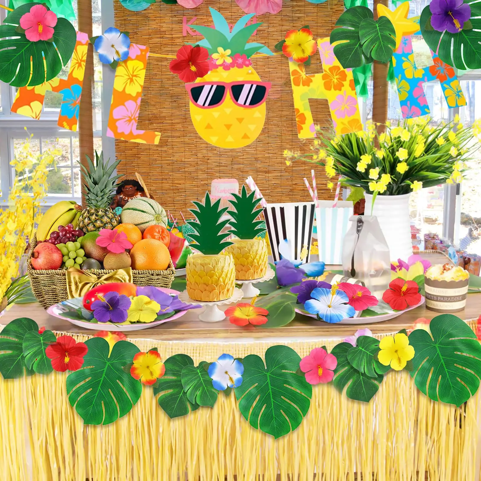 Tropical Party Palm Leaves Hibiscus Flower Simulation Artificial Leaf Hawaiian Luau Safari Jungle Beach BBQ Birthday Table Decor