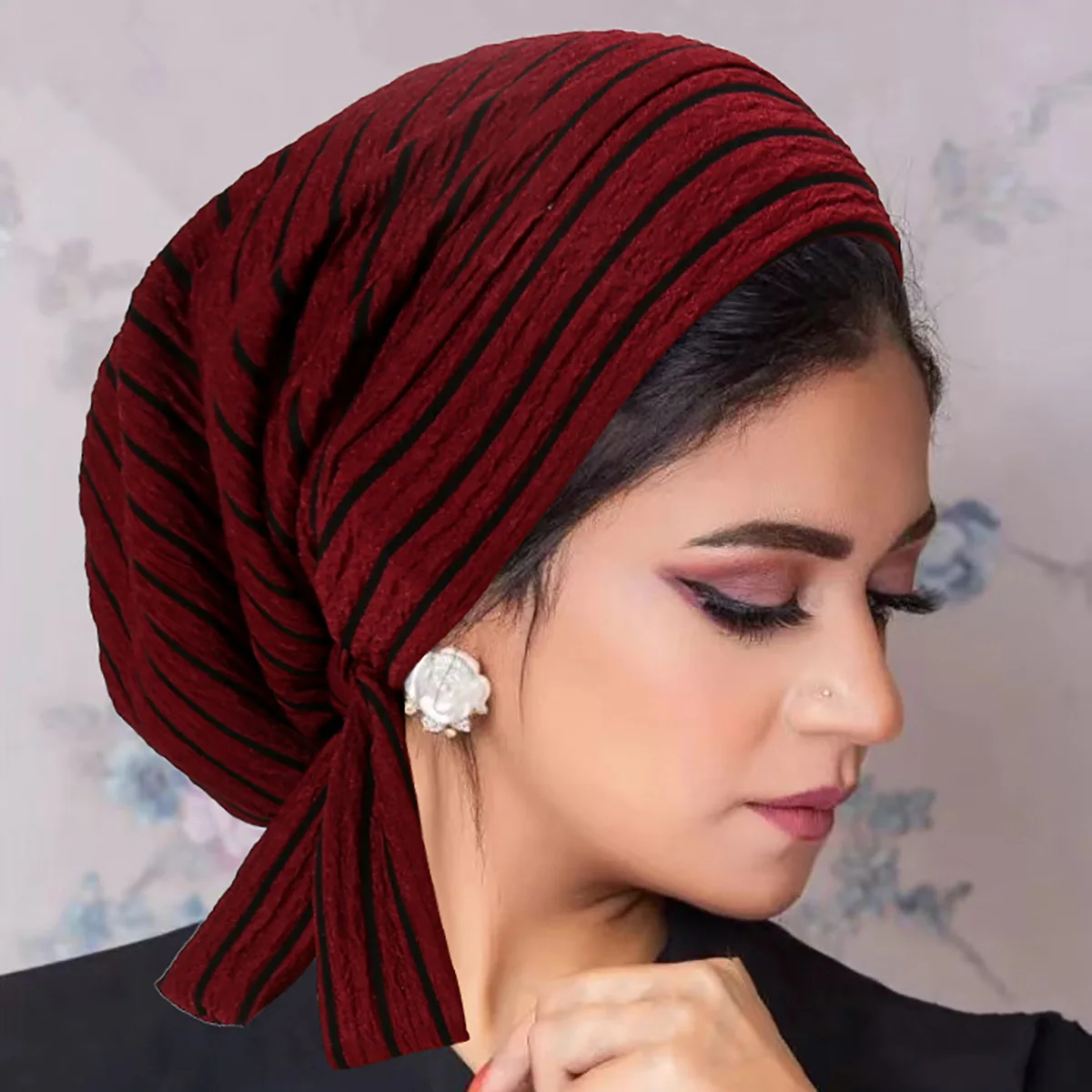 

Muslim Women's Hijab Stripes Pre-tied Hijab Turban Bottom Hat 2024 Elastic Lace Hat Hijab Adjustable Head Wrap Islamic Headscarf