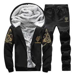 Men's Winter Thick Fleece Sports Suit Tracksuit Hooded Zipper Jackets Woolen Trousers Pants Casual Men Set