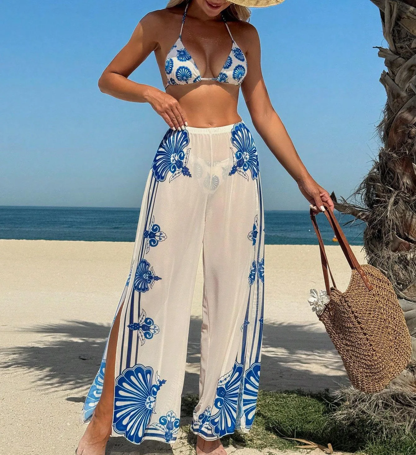 THRUM Printed Three Piece Bikini Set Self Tie Backless Swimsuit Matching Beach Pants Quick Dry Seaside Pool Vacation Ladies Swim