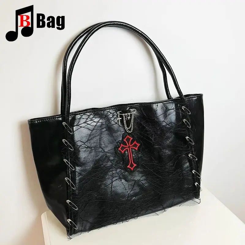 

Y2K Gothic Women's Girls Punk Lolita Harajuku Cross Large Capacity One Shoulder Portable School Commuting Versatile Bag Totes