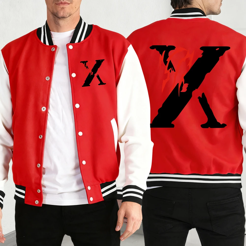 

Letter X Simple Eye-Catching Print Men Loose Streetwear Basics Comfy Jackets Casual Autumn Baseball Jersey Soft Vintage Menswear