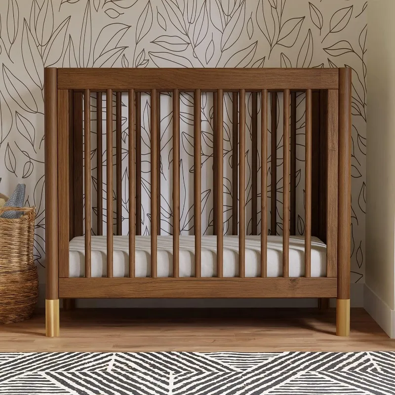 4-in-1 Convertible Mini Crib in Natural Walnut and Brushed Gold Feet, Greenguard Gold Certified