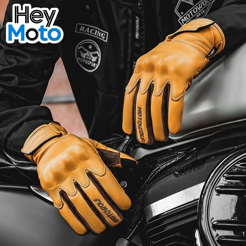 

Genuine Leather Motorcycle Gloves Retro Riding Gloves Can Touch The Screen Locomotive Cruise Guantes Moto Windproof Anti-slip