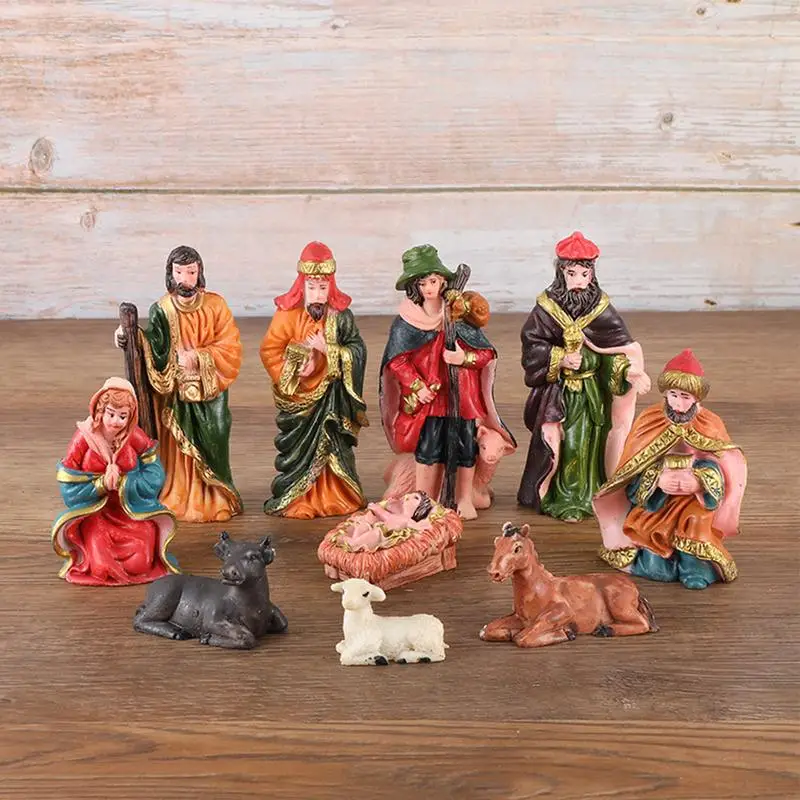 10pcs Christmas Nativity Figurines Real Life Nativity Jesus Manger Christmas Crib Ornament Holy Family Crafts Statue Decor