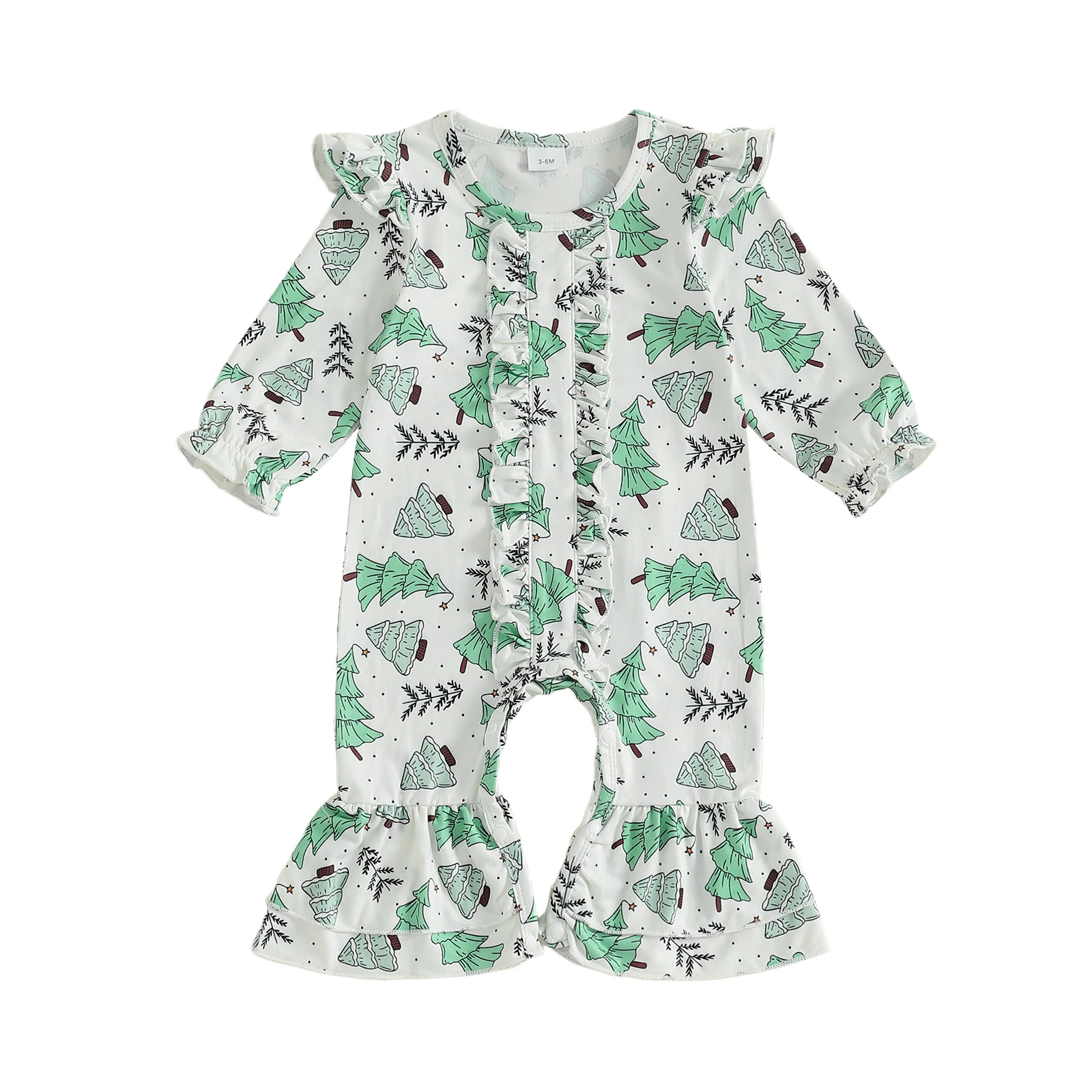 

Baby Girl Christmas Romper Long Sleeve Round Neck Tree Print Bell-Bottom Jumpsuit Infant Pajamas