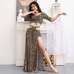 Belly Dance Leopard Practice Clothes New Sexy Hollow Trousers Tops Profession Dance Hip Scarf Women's Bellydance Costume