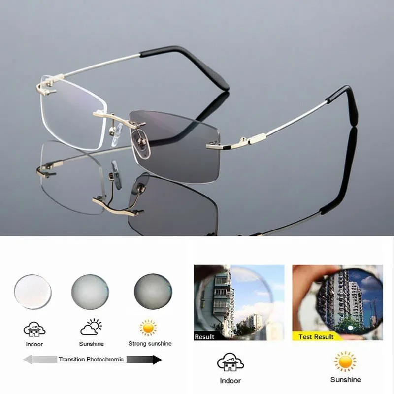 Grenzenlose photochrome Lesebrille für Männer und Frauen, Memory-Titanlegierung, Presbyopie-Brille, Outdoor, drehen Sie grau unter Sonnenlicht – Detail 10