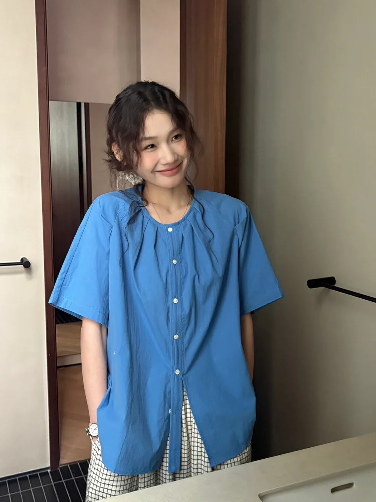 

Новинка: Женская синяя футболка с коротким рукавом в корейском стиле, с круглым вырезом, приталенная, летний модный дизайн