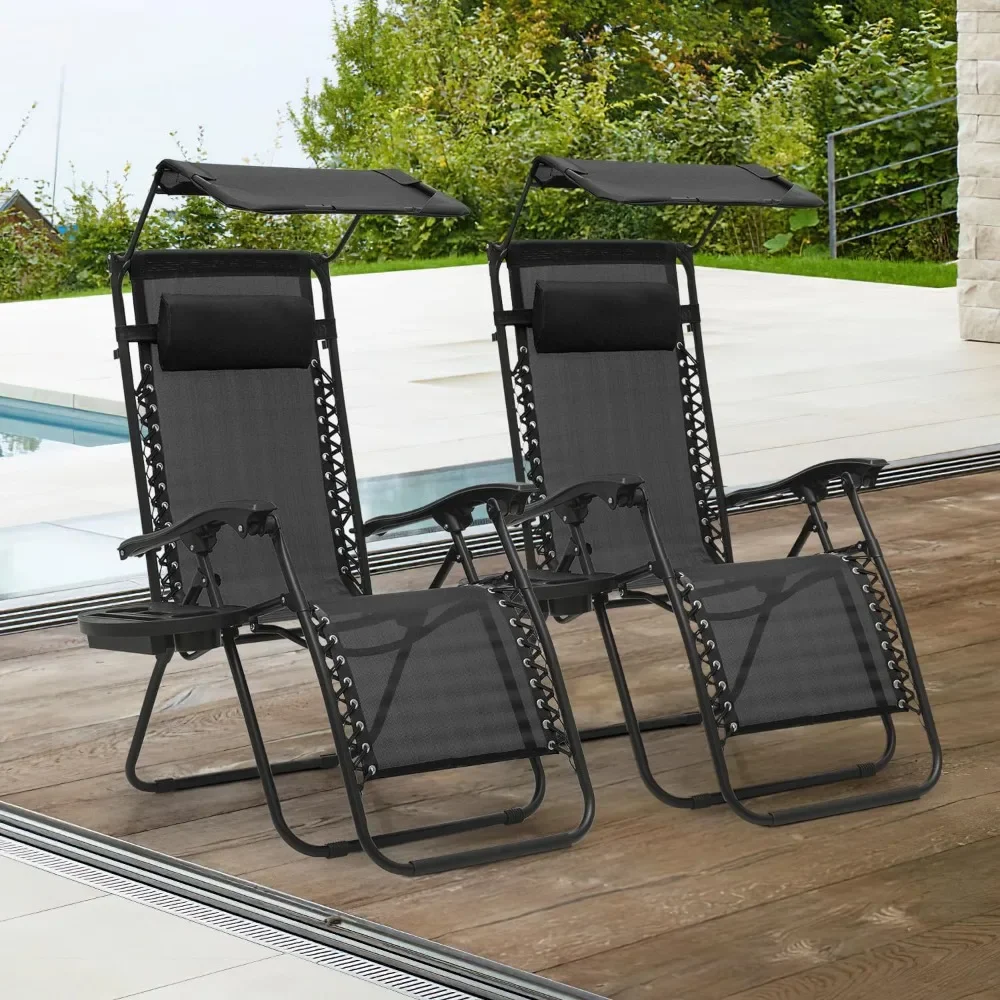 

Set of 2 Outdoor Zero Gravity Chair Reclining Lounger with Sun Shade and Mesh Back, Cup Holder & Side Table,Support 300lbs,Black