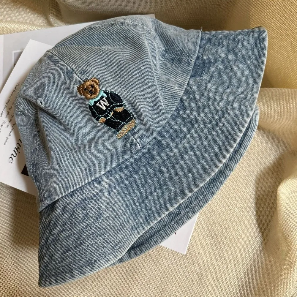 

Fashion Korean Denim Bucket Cap Versatile Bear Embroidered Denim Fishing Cap Y2k Sweet Sun Protection Hat Streetwear