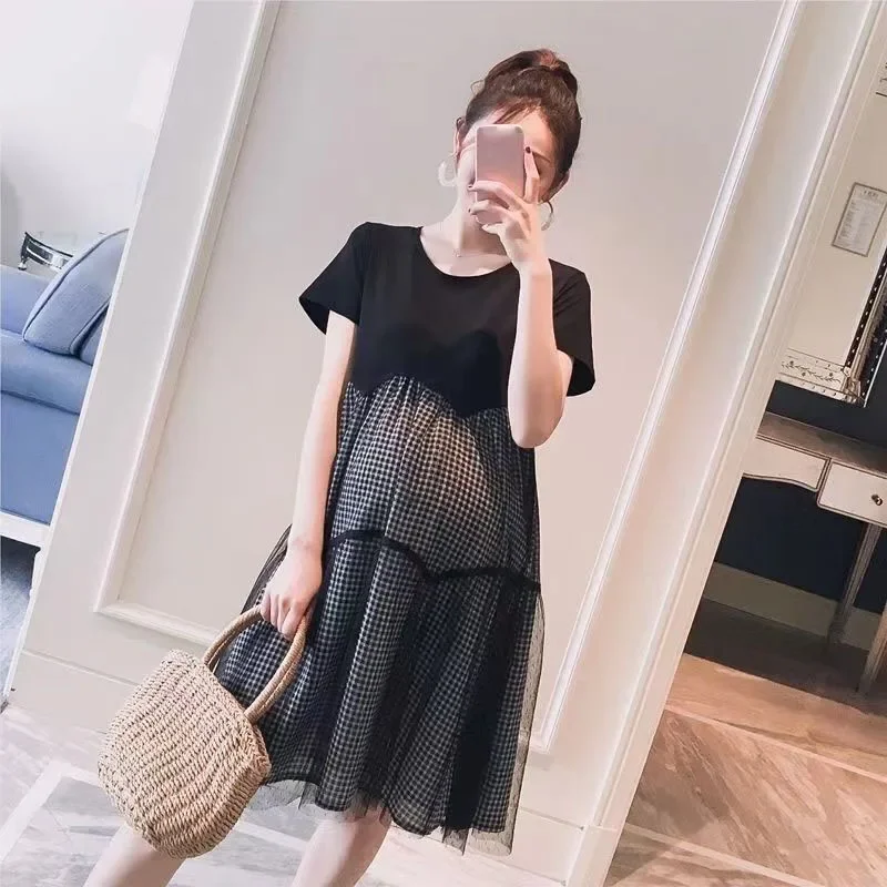 Fashion Maternity Dresses Summer Double Layer With Lace Dress  A-line Skirt Loose Short Sleeve Clothes Pregnant Women Clothing