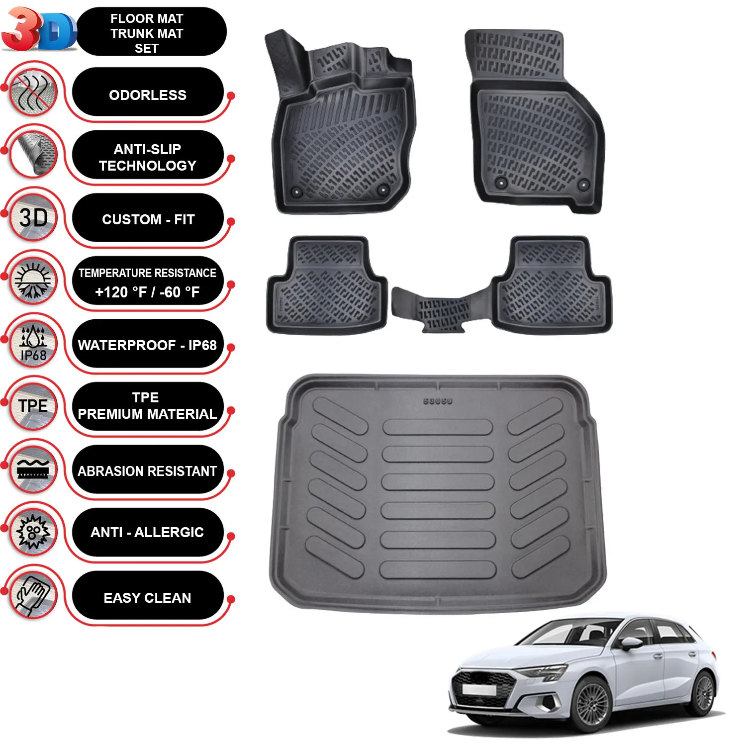 

Audi A3 HB - (2020-2023) - Floor Mats + Cargo Trunk Liner - SET - (Black)