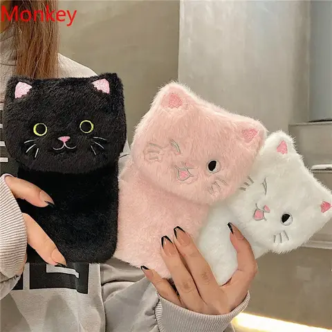 3D Embroidery Cat Warm Plush Soft Case For Samsung Galaxy A25 M13 A54 A34 A24 A14 A04 S23 FE S22 Ultra S21Plus Phone Cover Stand