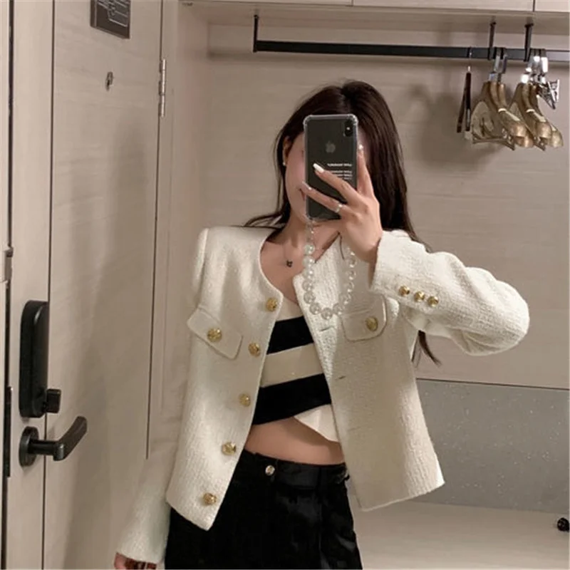 Elegant Tweed Jacket Women 2024New Spring Autumn Vintage O-Neck Single Breasted Cropped Jacket Korean Long Sleeve Short Coat Top