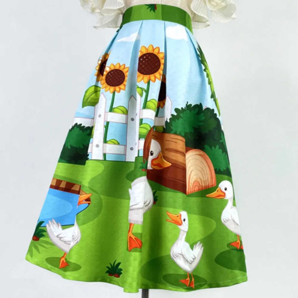 Elegant cartoon printed high waisted skirt for women's new slimming A-line fluffy skirt