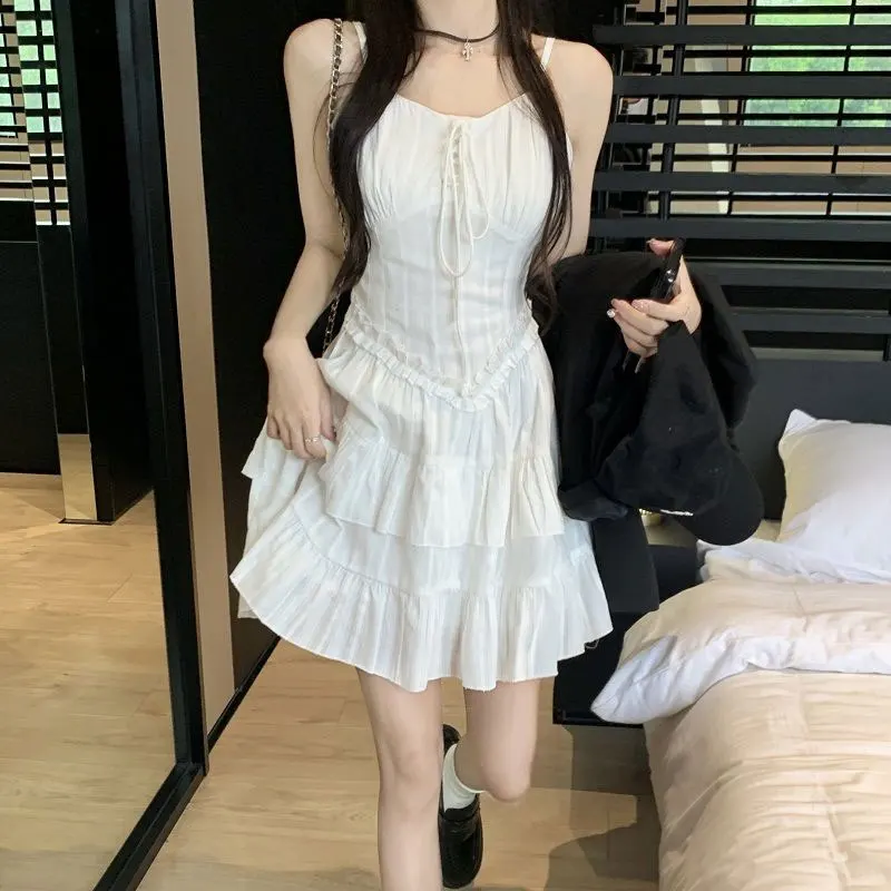 

Women's Clothing Sweet Slip Cupcake Dresses French Style Summer Fashionable Drawstring A-Line Ruffles Spliced Aura Mini Dress