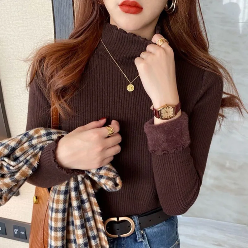 Women Ruffles Mock Neck Sweater Thicken Autumn Fleece Warm Thermal Pullover Cashmere Sweater For Women 2023 Winter