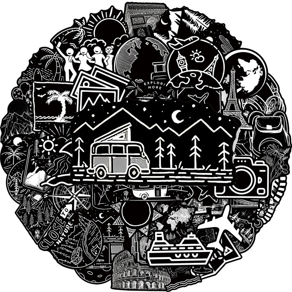 

10/30/50pcs Funny Outdoor Travel Cartoon Stickers Black and White Landscape Decals for Luggage Skateboard Phone Graffiti Sticker