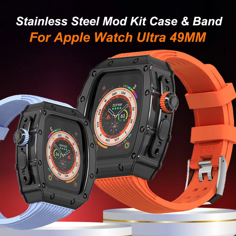 Mod Kit RM Bezel Metal Triangular Nail Case Band For Apple Watch Ultra 2 49mm Modification Cover Bracelet Sports Silicone Strap