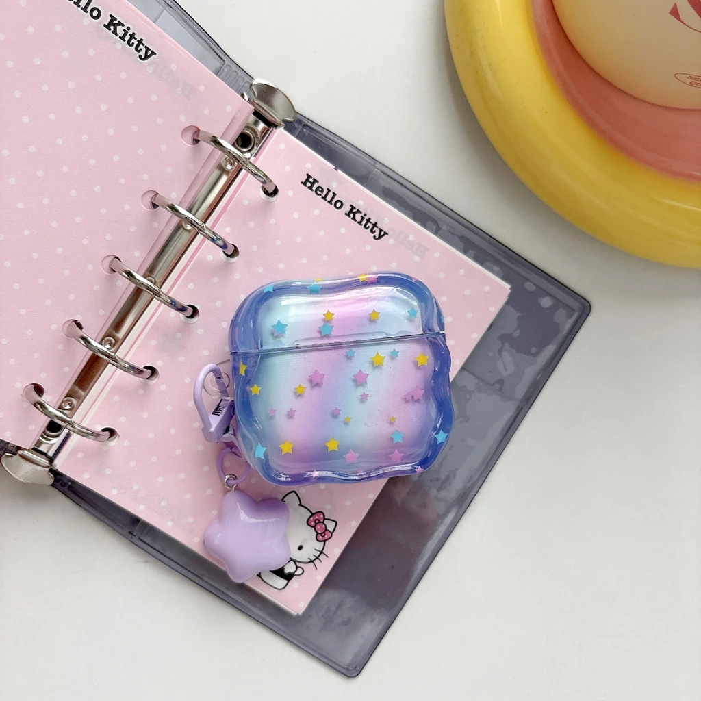 Dopamine Gradient Colorful Little Star Wavy Edge With Pendant Shock Proof Earphone Cover Case for AirPods 1 or 2 3 4 5 Pro 2 3